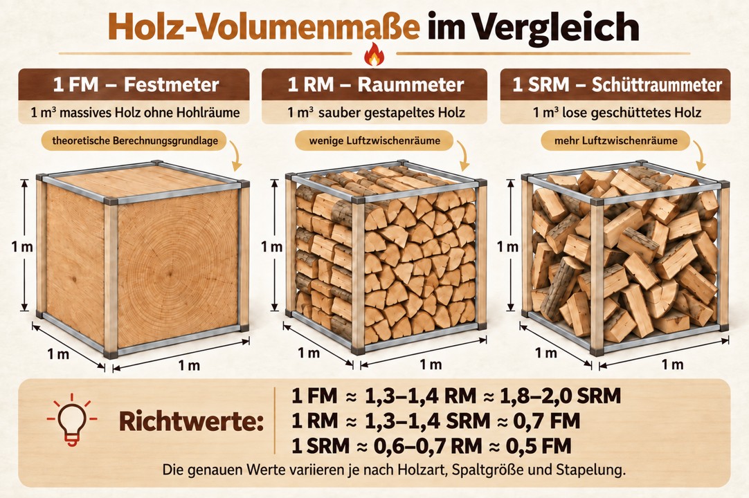 Holz-Volumenmaße im Vergleich: FM (Festmeter), RM (Raummeter) und SRM (Schüttraummeter) – Infografik mit Richtwerten zur Umrechnung
