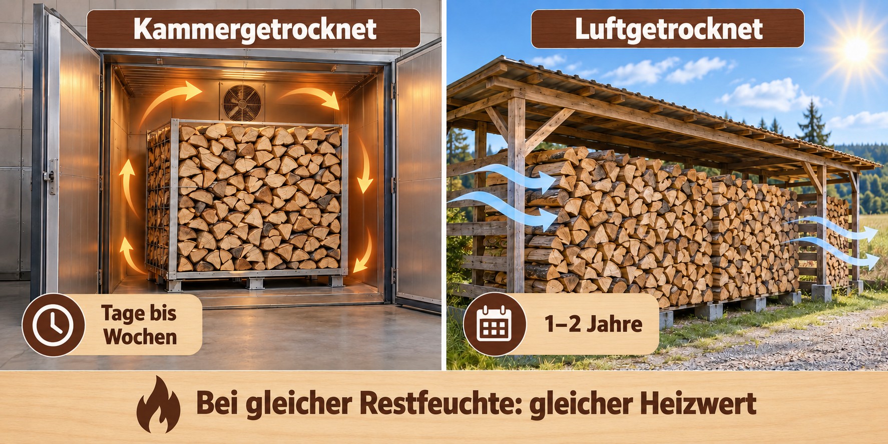 Kammergetrocknet vs. luftgetrocknet – Vergleich der Trocknungsmethoden mit gleicher Restfeuchte und gleichem Heizwert