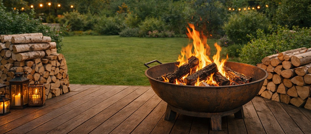Brennholz kaufen – Feuerschale mit Kaminholz auf einer Holzterrasse im Garten